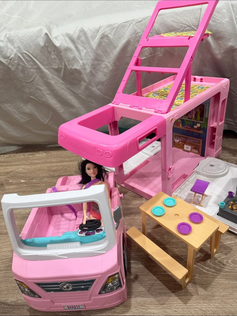 Barbie Pink Play Camper Van with Teal Tray and Plaid Mat